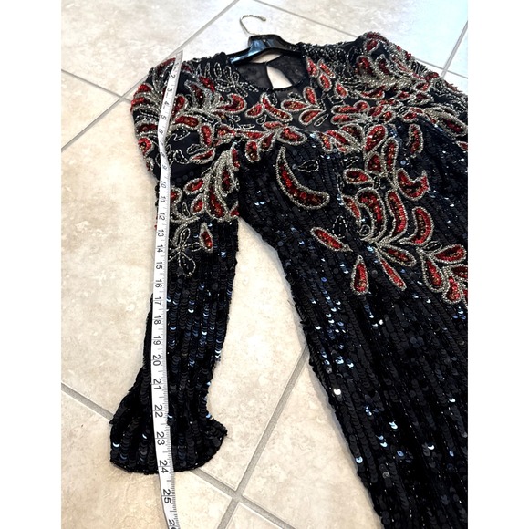 VTG 90s‎ Niteline Dress Women Sz 6 Black Silk All Sequin Floral Beaded Maxi Gown - Picture 11 of 14